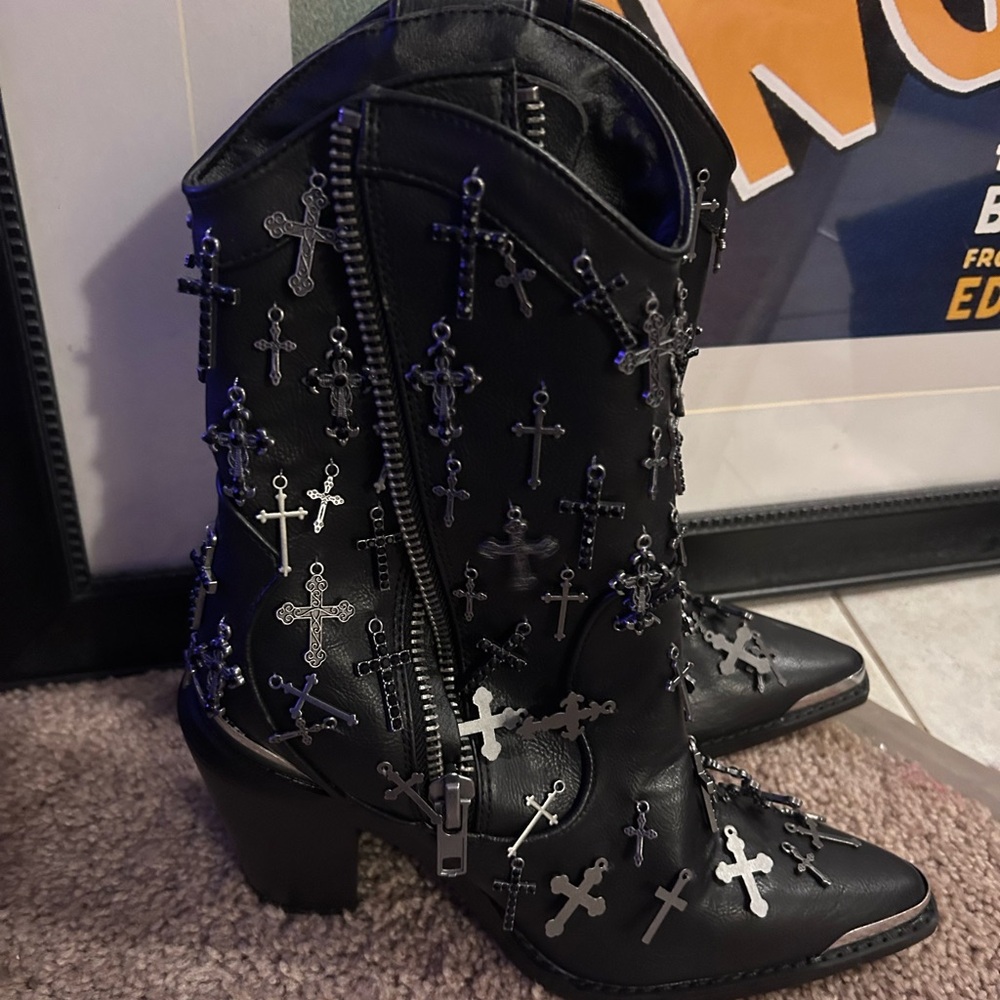 Black Embellished Cross Western Ankle Boots - Women
